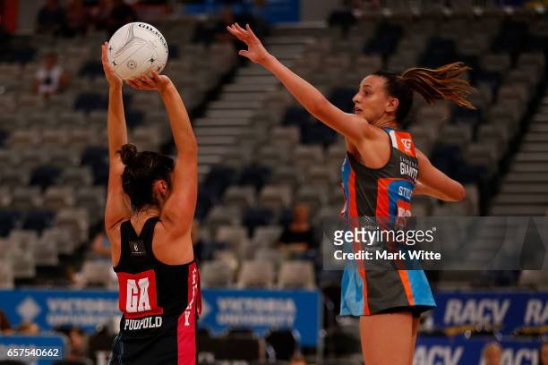 Kara Styles of Canberra Giants tries to defend Stephanie Puopolo of Victorian Fury during the round six ANL match between the Vic Fury and the...