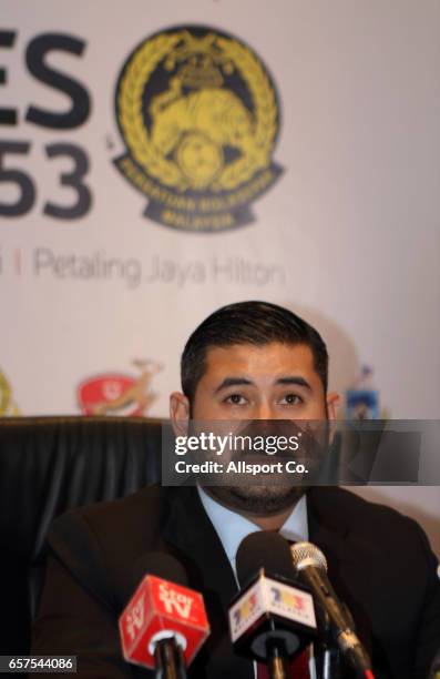 The Football Association of Malaysia President Tunku Ismail Sultan Ibrahim speaks to the press after he has been officially confirmed as the new...