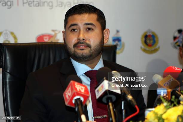 The Football Association of Malaysia President Tunku Ismail Sultan Ibrahim speaks to the press after he has been officially confirmed as the new...