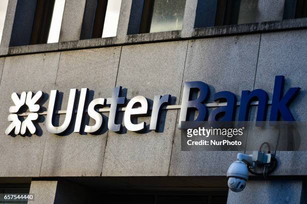 Ulster Bank logo in Dublin city center. Ulster Bank Chief Executive Gerry Mallon announced that Ulster Bank to close 22 branches in Ireland with 220...