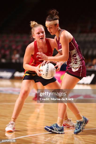 Vanessa Augustini of the Fusion competes for the ball with Rebecca Moyne of the Force during the round six ANL match between the Southern Force and...