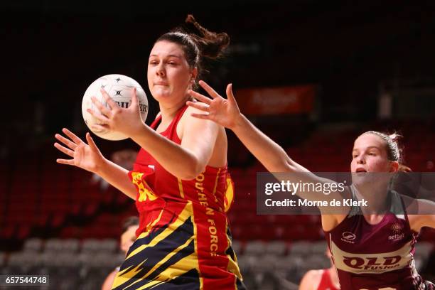 Jane Cook of the Force wins the ball during the round six ANL match between the Southern Force and the QLD Fusion at Titanium Security Arena on March...