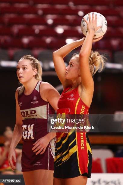 Charlee Hodges of the Force shoots the ball during the round six ANL match between the Southern Force and the QLD Fusion at Titanium Security Arena...