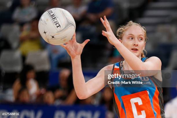 Maddie Hay of Canberra Giants catches the ball during the round six ANL match between the Vic Fury and the Canberra Giants at Hisense Arena on March...