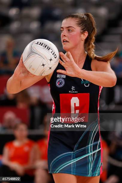 Lara Dunkley of Victorian Fury goes to throw the ball during the round six ANL match between the Vic Fury and the Canberra Giants at Hisense Arena on...