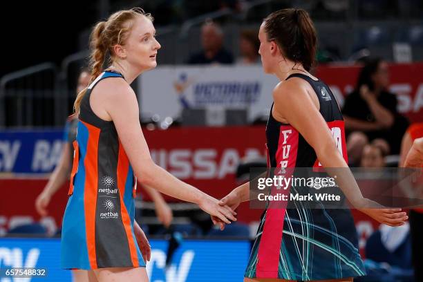 Maddie Hay of Canberra Giants and Kate Eddy of Victorian Fury shake hands after the game during the round six ANL match between the Vic Fury and the...