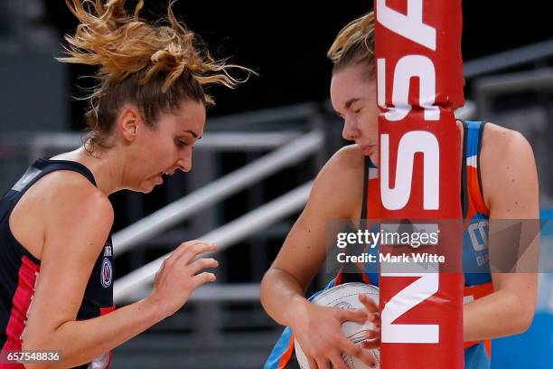 Keira Austin of Canberra Giants just collects the goal post during the round six ANL match between the Vic Fury and the Canberra Giants at Hisense...