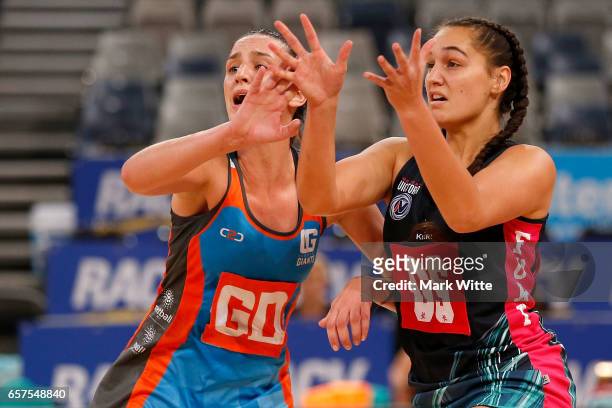 Rahni Samason of Victorian Fury competes against Kara Styles of Canberra Giants during the round six ANL match between the Vic Fury and the Canberra...