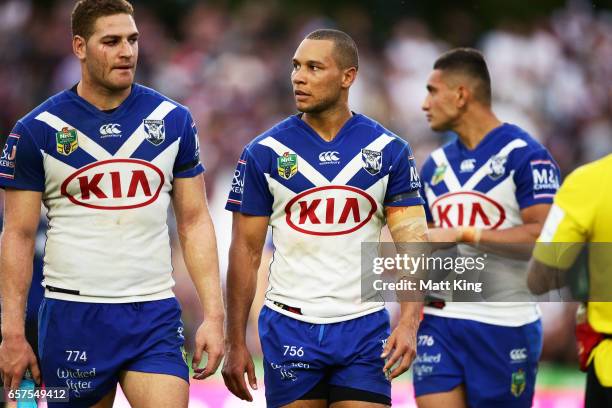 Moses Mbye of the Bulldogs walks from the field dejected with Brenko Lee of the Bulldogs after the round four NRL match between the Manly Warringah...