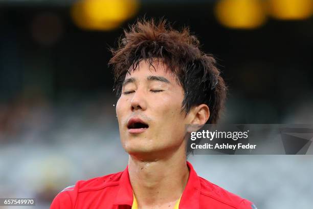 JaeSung Kim during the round 24 A-League match between Central Coast Mariners and Adelaide United at Central Coast Stadium on March 25, 2017 in...