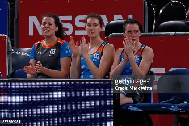 Canberra Giants players cheer after a goal during the round six ANL match between the Vic Fury and the Canberra Giants at Hisense Arena on March 25,...