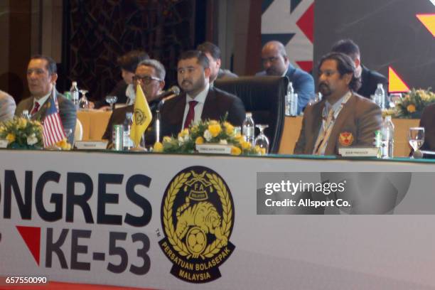 The Football Association of Malaysia President Tunku Ismail Sultan Ibrahim speaks to the audience after he has been officially confirmed as the new...