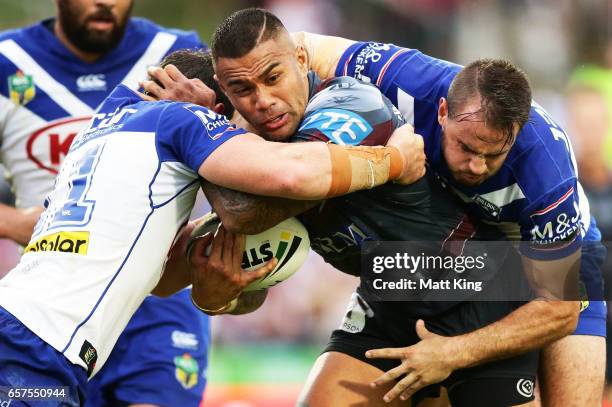 Frank Winterstein of the Sea Eagles is tackled during the round four NRL match between the Manly Warringah Sea Eagles and the Canterbury Bulldogs at...