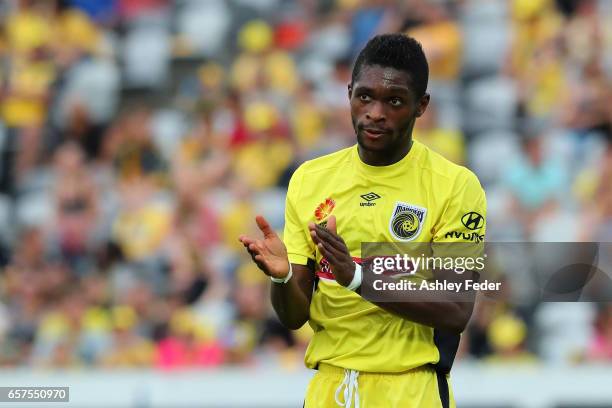 Kwabena Appiah of the Mariners looks on during the round 24 A-League match between Central Coast Mariners and Adelaide United at Central Coast...