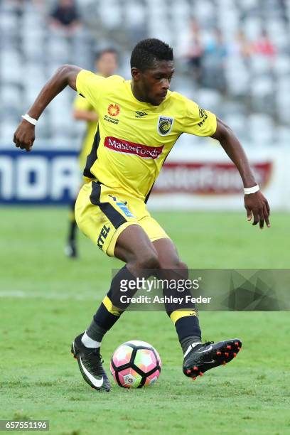 Kwabena Appiah of the Mariners in action during the round 24 A-League match between Central Coast Mariners and Adelaide United at Central Coast...