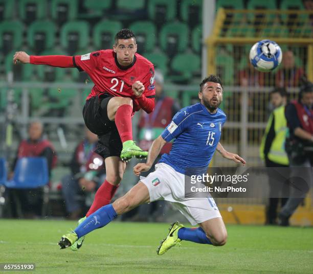 Odies Roshi of Albania of Leonardo Bonucci of Italy during the match to qualify for the Football World Cup 2018 between Italia v Albania, in Palermo,...
