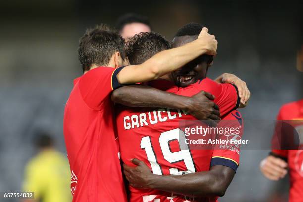 Papa Babacar Diawara of Adelaide United celebrates his second goal during the round 24 A-League match between Central Coast Mariners and Adelaide...