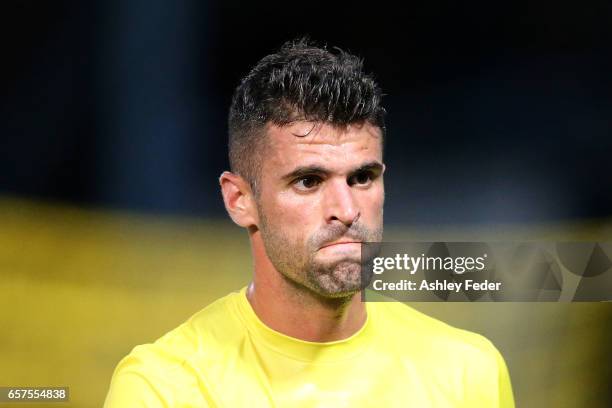 Fabio Ferreira of the Mariners looks dejected during the round 24 A-League match between Central Coast Mariners and Adelaide United at Central Coast...