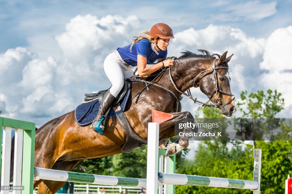 Salto - caballo con jinete mujer saltando sobre el obstáculo