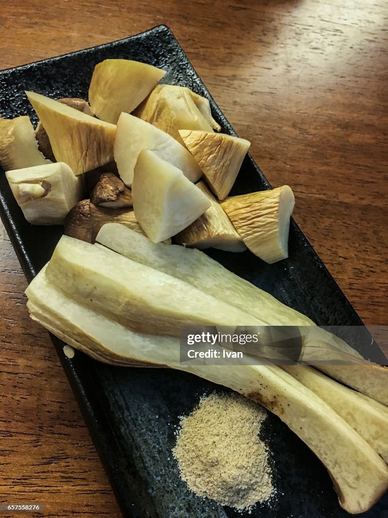 Traditional Japanese Food, Roasted King Trumpet Mushrooms, Pleurotus