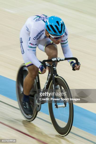 Chan Yik Ming Ricky of the X SPEED competes in Men Junior - Keirin Final during the 2017 Hong Kong Track Cycling National Championship on March 25,...