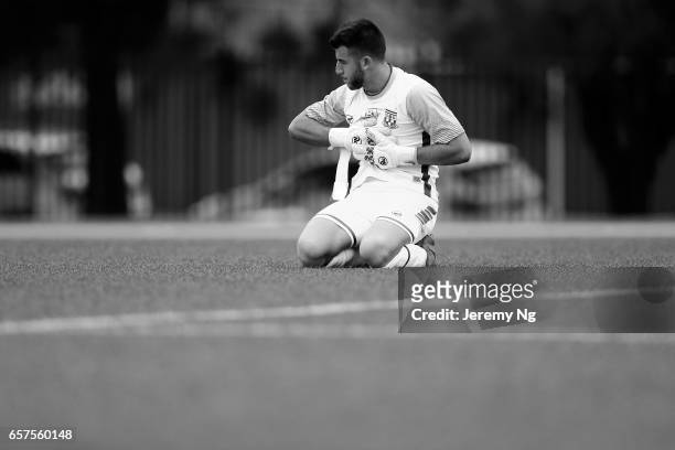 Goalkeeper Thomas Manos of Sydney United 58 looks dejected after the round 3 NPL NSW Men's match between Hakoah Sydney City East FC and Sydney United...