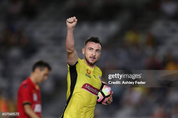 Roy O'Donovan of the Mariners celebrates a goal during the round 24 A-League match between Central Coast Mariners and Adelaide United at Central...