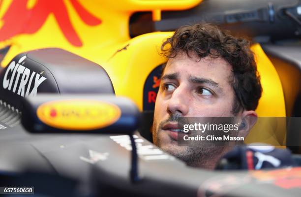 Daniel Ricciardo of Australia and Red Bull Racing sits in his car in the garage during final practice for the Australian Formula One Grand Prix at...