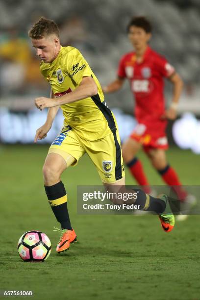 Trent Buhagiar of the Mariners controls the ball during the round 24 A-League match between Central Coast Mariners and Adelaide United at Central...