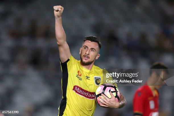 Roy O'Donovan of the Mariners celebrates a goal during the round 24 A-League match between Central Coast Mariners and Adelaide United at Central...
