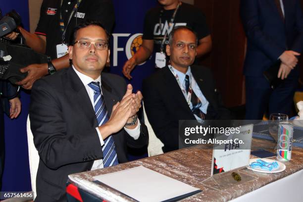 Director of Member Associations of the Asia-Oceania region Sanjeevan C. Balasingam and Ravi Kumar of the Asian Football Confederation looks on during...