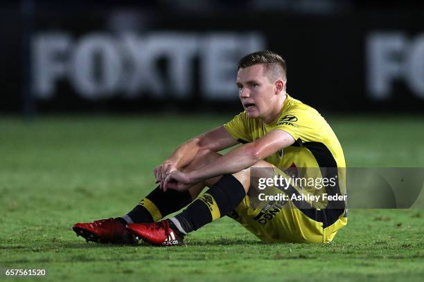 Scott Galloway of the Mariners looks dejected after losing during the round 24 A-League match between Central Coast Mariners and Adelaide United at...