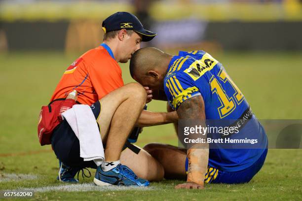 Manu Mau of the Eels receives treatment on the field during the round four NRL match between the Parramatta Eels and the Cronulla Sharks at ANZ...