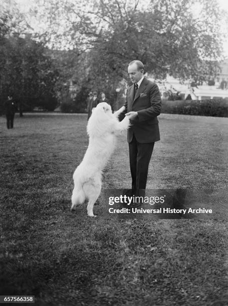 President Calvin Coolidge with his Dog, Rob Roy, White House, Washington DC, USA, National Photo Company, October 1924.