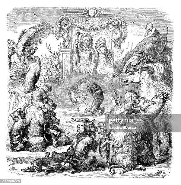 ilustraciones, imágenes clip art, dibujos animados e iconos de stock de humanizado de ilustraciones de animales: grupo rey león - lion-fight-drawing