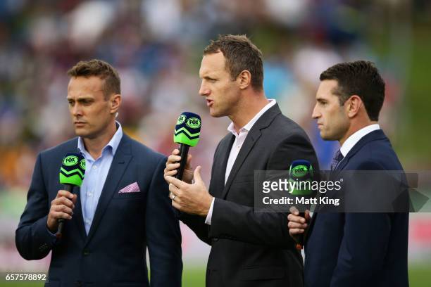 Commentators Matt Shirvington, Mark Gasnier and Danny Buderus talk on camera prior to the round four NRL match between the Manly Warringah Sea Eagles...