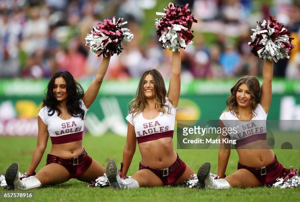 Sea Eagles cheerleaders perform during the round four NRL match between the Manly Warringah Sea Eagles and the Canterbury Bulldogs at Lottoland on...
