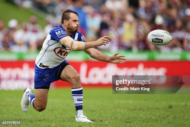 Josh Reynolds of the Bulldogs passes during the round four NRL match between the Manly Warringah Sea Eagles and the Canterbury Bulldogs at Lottoland...