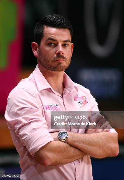 Dan Ryan coach of the Tunderbirds looks on during the round six Super Netball match between the Thunderbirds and the Firebirds at Titanium Security...