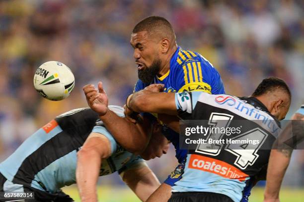 Frank Pritchard of the Eels looses the ball in a tackle during the round four NRL match between the Parramatta Eels and the Cronulla Sharks at ANZ...