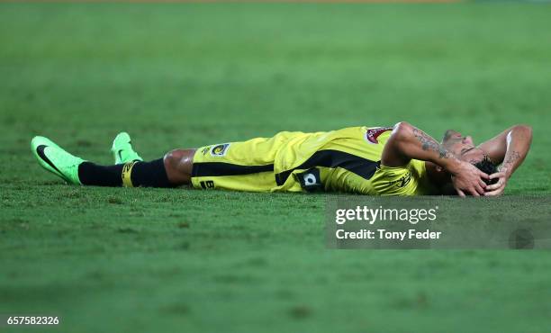 Fabio Ferreira of the Mariners looks dejected after missing a shot at goal during the round 24 A-League match between Central Coast Mariners and...