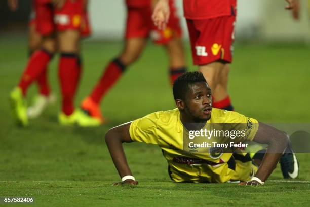 Kwabena Appiah-Kubi of the Mariners during the round 24 A-League match between Central Coast Mariners and Adelaide United at Central Coast Stadium on...