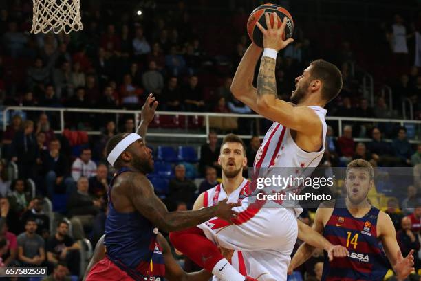 Stefan Jovic and Tyrese Rice during the match between FC Barcelona and Crvena Zvezda, corresponding to the week 28 of the Euroleague basketball, on...