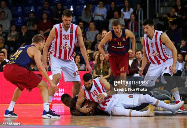 Branko Lazic and Moussa Diagne during the match between FC Barcelona and Crvena Zvezda, corresponding to the week 28 of the Euroleague basketball, on...