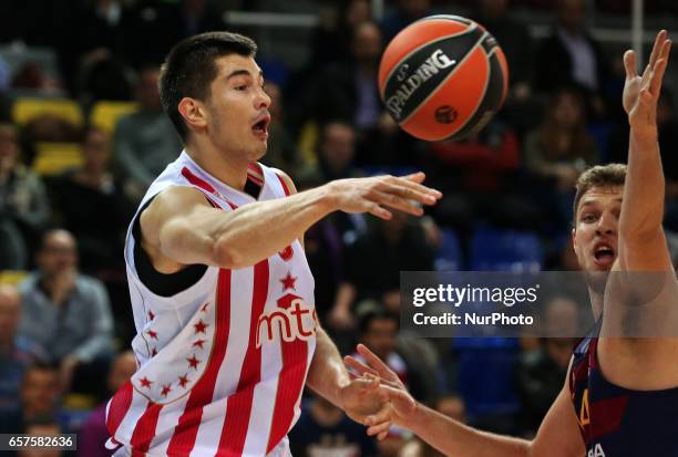 Aleksander Vezenkov and Luka Mitrovic during the match between FC Barcelona and Crvena Zvezda, corresponding to the week 28 of the Euroleague...