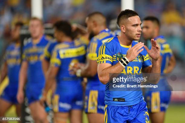 Corey Norman of the Eels reacts during the round four NRL match between the Parramatta Eels and the Cronulla Sharks at ANZ Stadium on March 25, 2017...