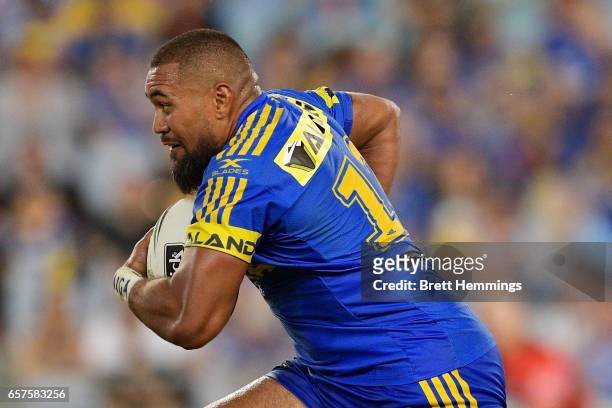 Frank Pritchard of the Eels runs the ball during the round four NRL match between the Parramatta Eels and the Cronulla Sharks at ANZ Stadium on March...