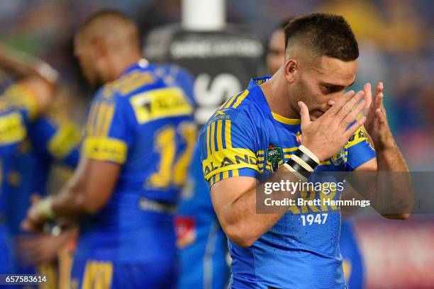 Corey Norman of the Eels reacts during the round four NRL match between the Parramatta Eels and the Cronulla Sharks at ANZ Stadium on March 25, 2017...