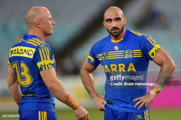 Timothy Mannah of the Eels shows his dejection during the round four NRL match between the Parramatta Eels and the Cronulla Sharks at ANZ Stadium on...