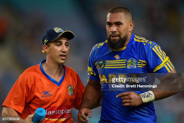 Frank Pritchard of the Eels is assisted from the field for a concussion test during the round four NRL match between the Parramatta Eels and the...